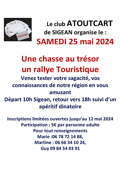 Inscriptions Chasse au trésor Rallye touristique - jusqu'au 12 mai 2024